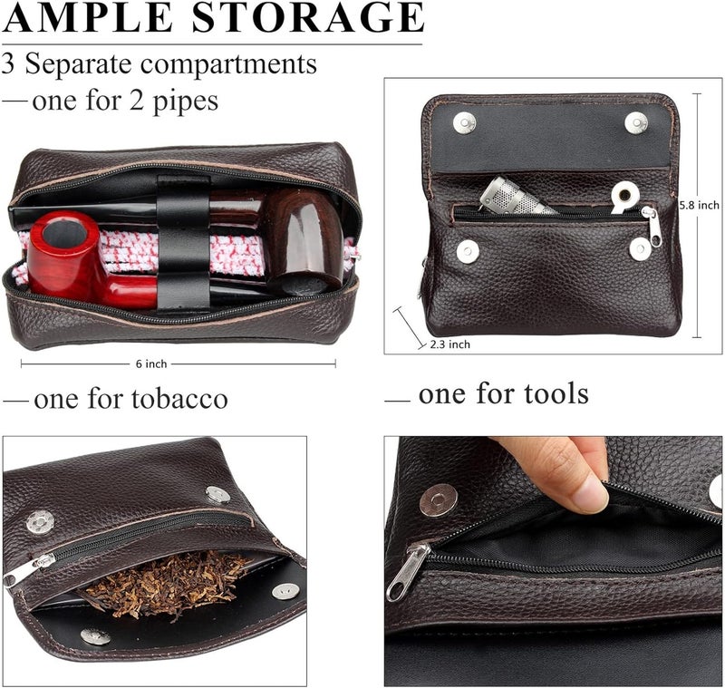 FIREDOG Genuine Leather Smoking Tobacco Pipe Pouch Case Bag for 2 Pipes Tamper Filter Tool Cleaner Preserve Freshness (Brown) - Image 4